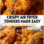 Golden crispy chicken tenderloins on a plate made in the air fryer with herbs and dipping sauce.